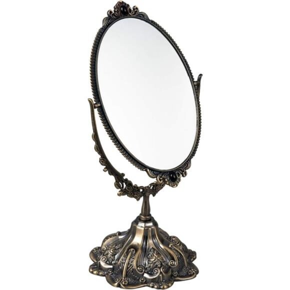 Small Metal Vintage Makeup Mirror Floral Tabletop Oval Vanity Swivel Double Side - Picture 7 of 7